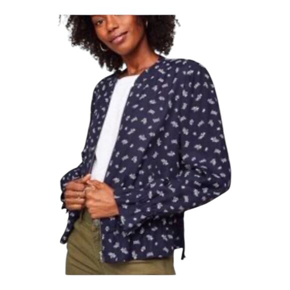 LOFT Ann Taylor Floral Bomber Jacket Lightweight Blue Ruffle Sz Medium - Picture 1 of 6
